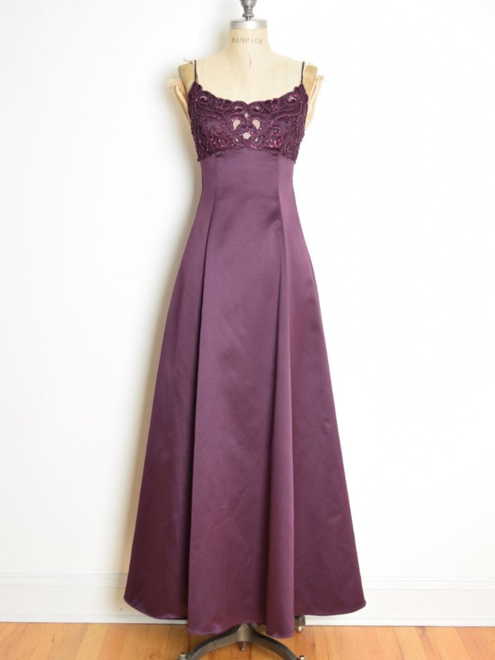 vintage 90s prom dress ZUM ZUM plum satin glitter crochet empire waist gown XS
